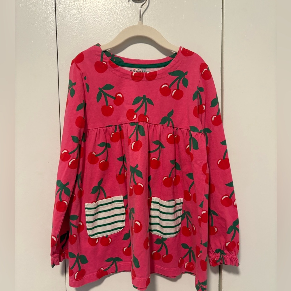 Mini Boden Pink cherry-printed long-sleeve cotton tunic Top, Girls Size 7-8, EUC